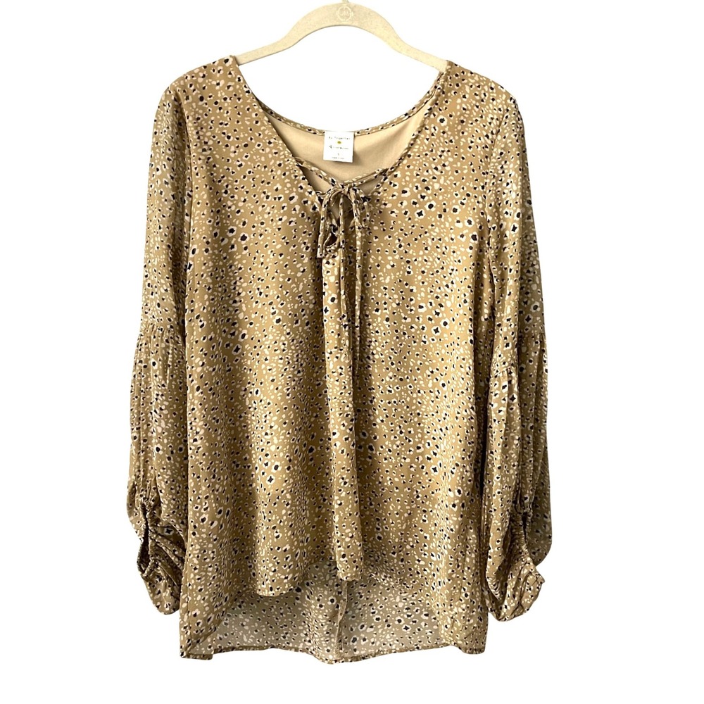 By Together Leopard Print Blouse‎ Womens Small Tan Boho Lace Up Balloon Sleeve